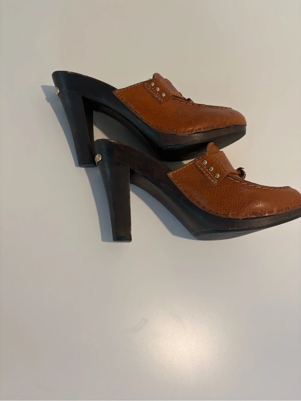 Michael Kors Brown Leather Tassel Mule Clogs Wooden Heel Size 7M